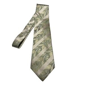 Massimo Ferre Mens Necktie Olive Green Gold Paisley Striped Silk Blend Tie